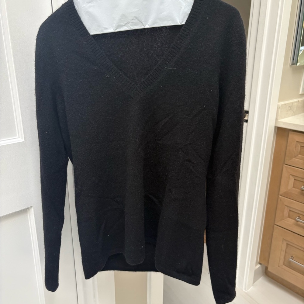 White + Warren Black V-Neck Sweater